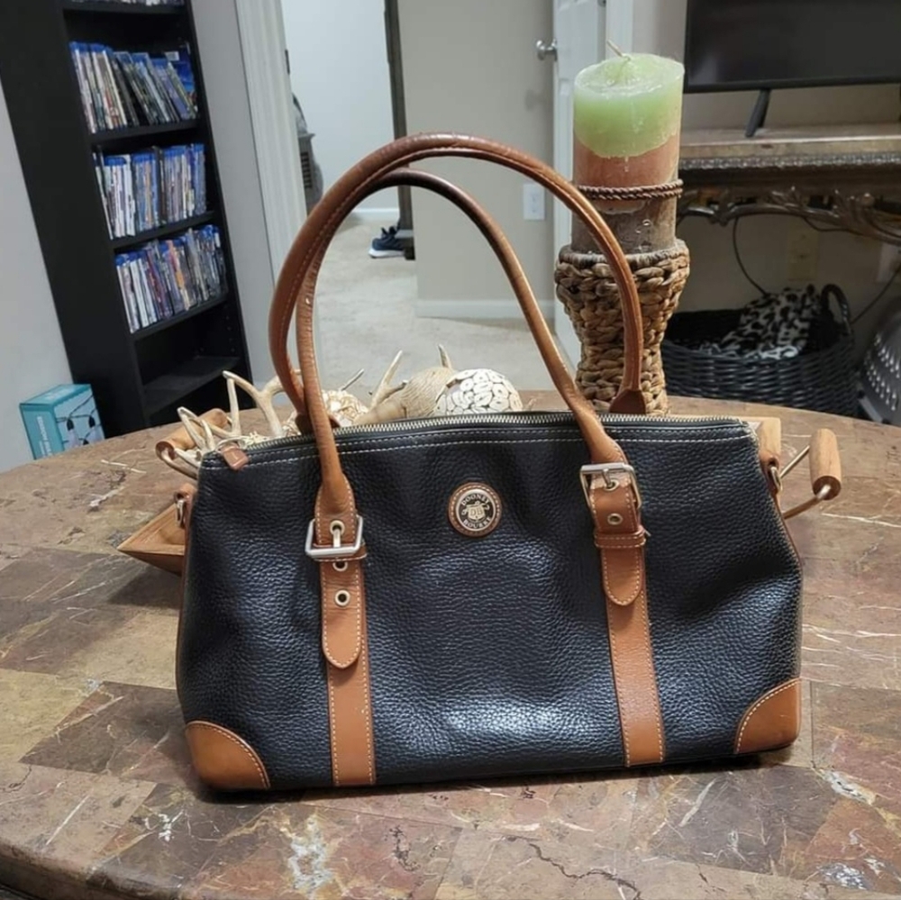 Dooney & Bourke Black and Tan Pebbled Leather Satchel